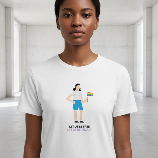 Let Us Be Free Let Us Be Proud T-Shirt in soft cotton, rainbow pride flag graphic, 