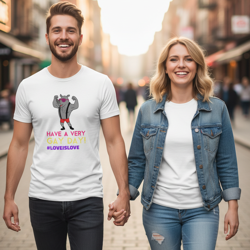 Have A Very Gay Day! T-Shirt" with rainbow accents and a cartoon cat, worn by a smiling man holding hands with his partner.