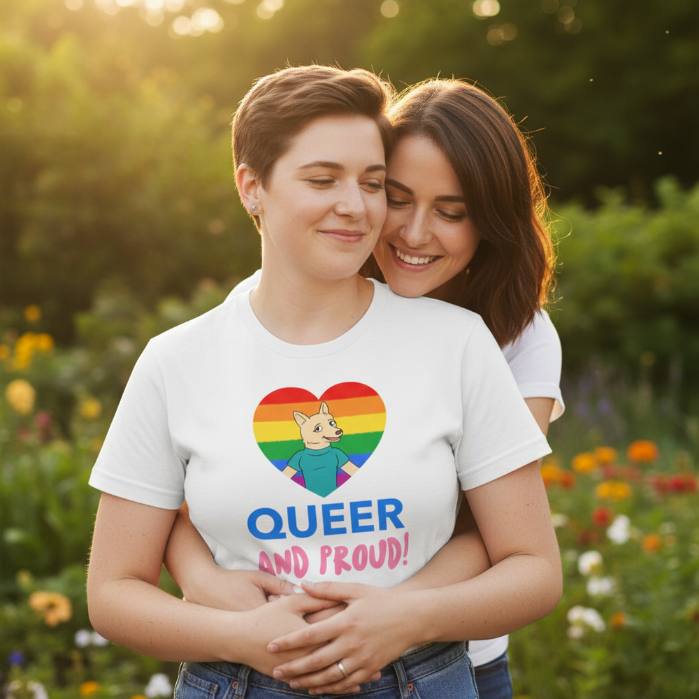 Queer and Proud T-shirt with cat in rainbow heart and “QUEER AND PROUD!” slogan; two women hugging in a bright flower garden.