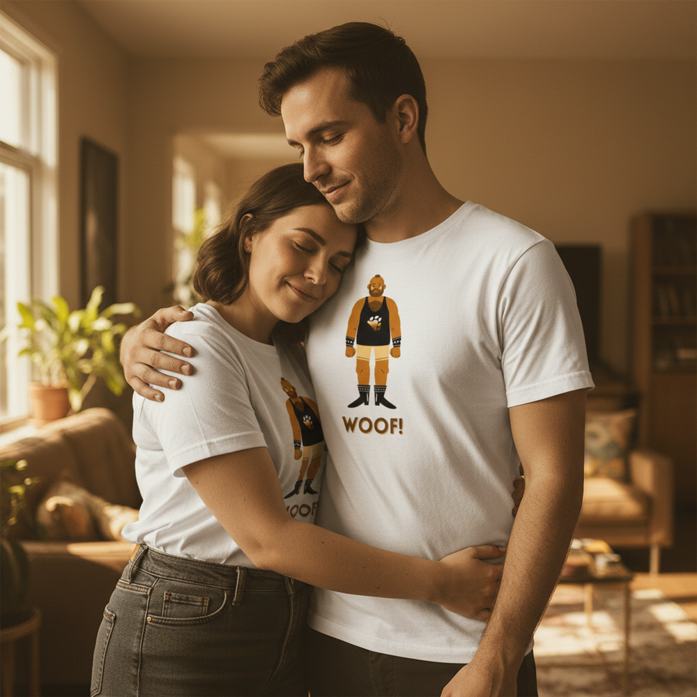 Matching "WOOF!" Gay Bear T-Shirts with a cartoon wrestler in orange trunks, worn by a smiling queer couple hugging at home.