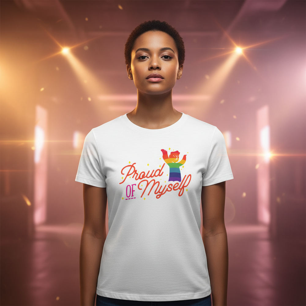 Proud of Myself T-Shirt with bold rainbow lettering and a celebratory figure, worn by a woman glowing in golden queer joy.