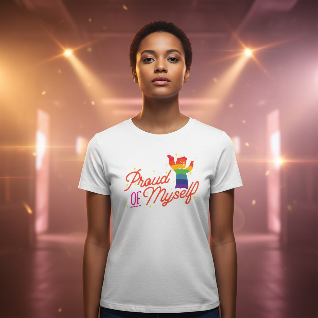 Proud of Myself T-Shirt with bold rainbow lettering and a celebratory figure, worn by a woman glowing in golden queer joy.