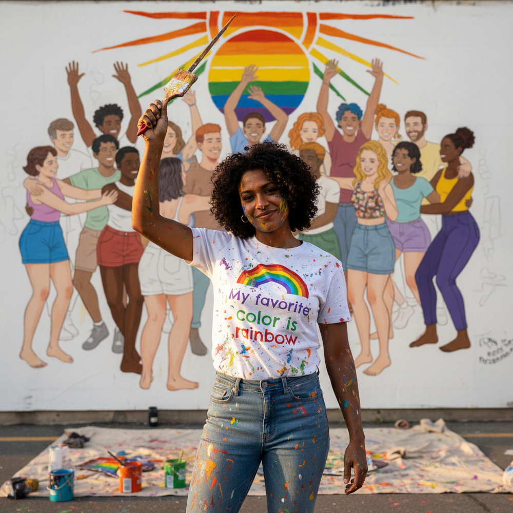 Paint-splattered person wearing a rainbow “My favorite color is rainbow” T-shirt, holding a brush up