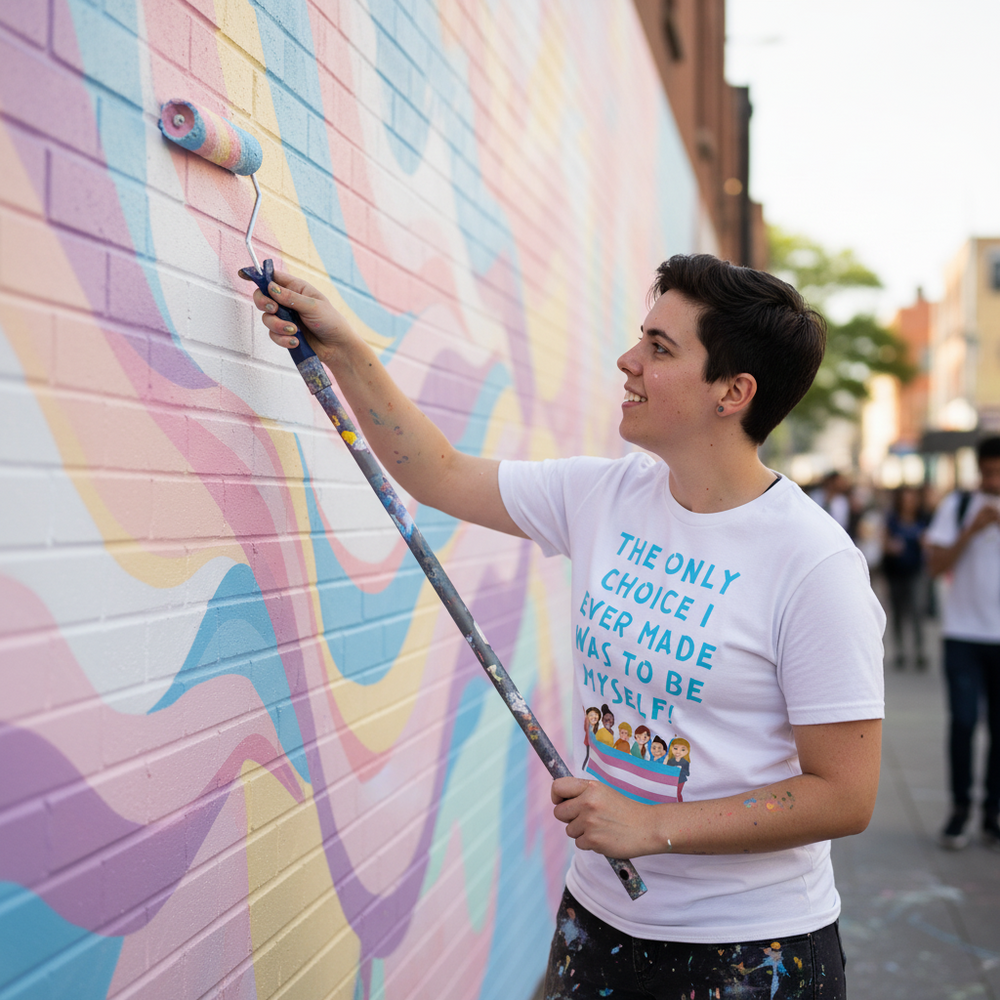 Person painting a colorful mural while wearing a white “The Only Choice I Ever Made Was to Be Myself” T-shirt