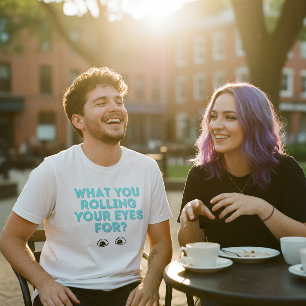 Person wearing a white T-shirt reading “WHAT YOU ROLLING YOUR EYES FOR?” at an outdoor café