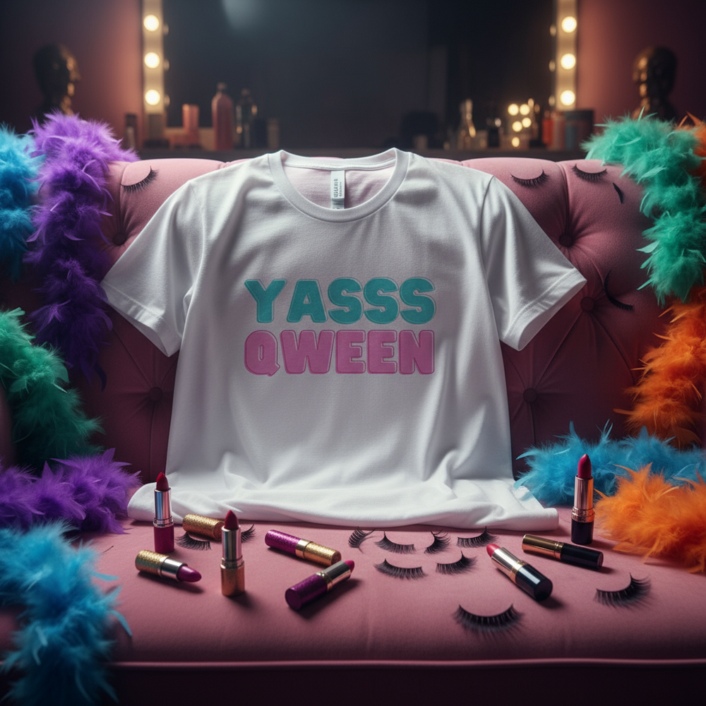 Unisex white cotton "Yasss Qween" T-shirt with bold teal and pink text, shown on a pink sofa with boas, lipstick, and lashes.