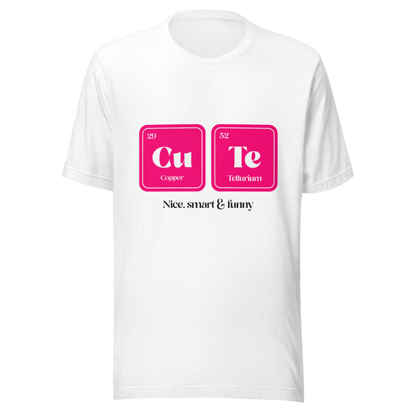 nice gays in bras: CuTe Nice Smart & Funny T-Shirt on a joyful person with curly hair at a neon-lit queer club; glowing