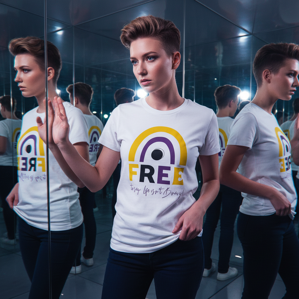 Young adult in mirrored room wears Free To Say: Life Isn't Binary! T-Shirt, featuring rainbow arch and empowering message, embodying pride and self-expression with bold, inclusive style.