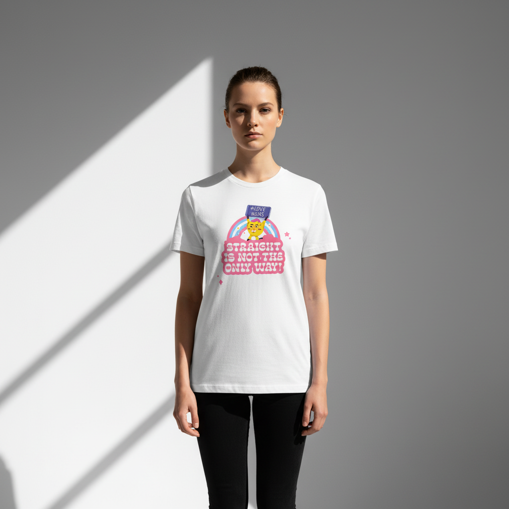 Straight Is Not The Only Way! T-Shirt" with rainbow and flowers, celebrating LGBT pride, worn by a woman in black pants by gray wall.