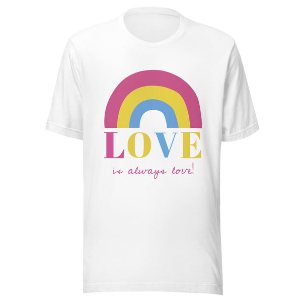 T-shirt with a pink, yellow, and blue rainbow, 