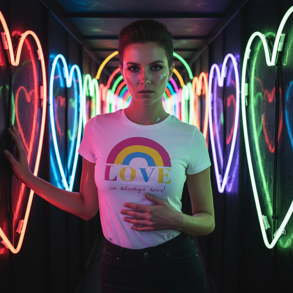 Young woman in a neon-lit passageway wears the Love Is Always Love! T-Shirt, showcasing a rainbow arch. The shirt symbolizes queer pride and empowerment, embodying comfort, visibility, and self-expression.