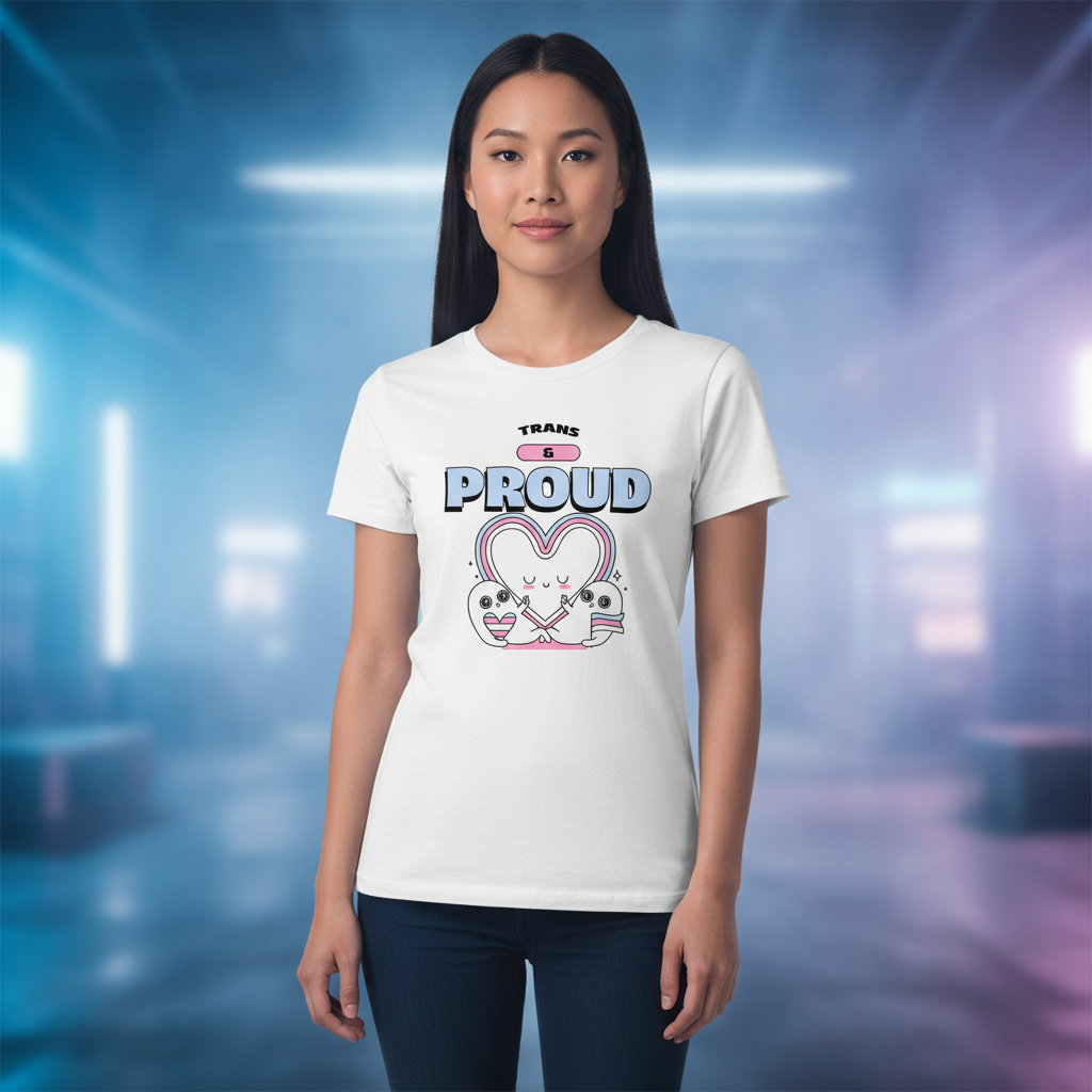 Trans & Proud T-shirt with a pastel bunny, worn by a woman indoors; soft blue and purple lighting underscore trans pride energy.