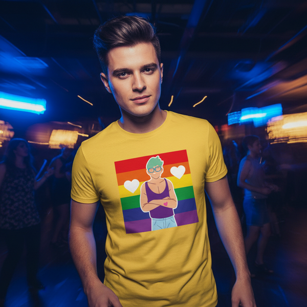 Queer Love T-Shirt with cartoon figure on rainbow pride flag and two white hearts, worn by a young man in a dim club.