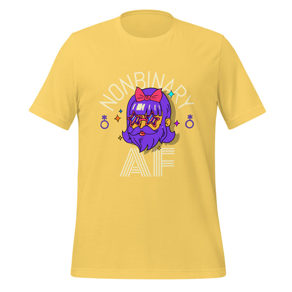 Yellow Nonbinary AF T-Shirt with a cartoon face featuring purple hair, star sunglasses, and nonbinary symbols, celebrating queer pride and self-expression with vibrant, inclusive design.