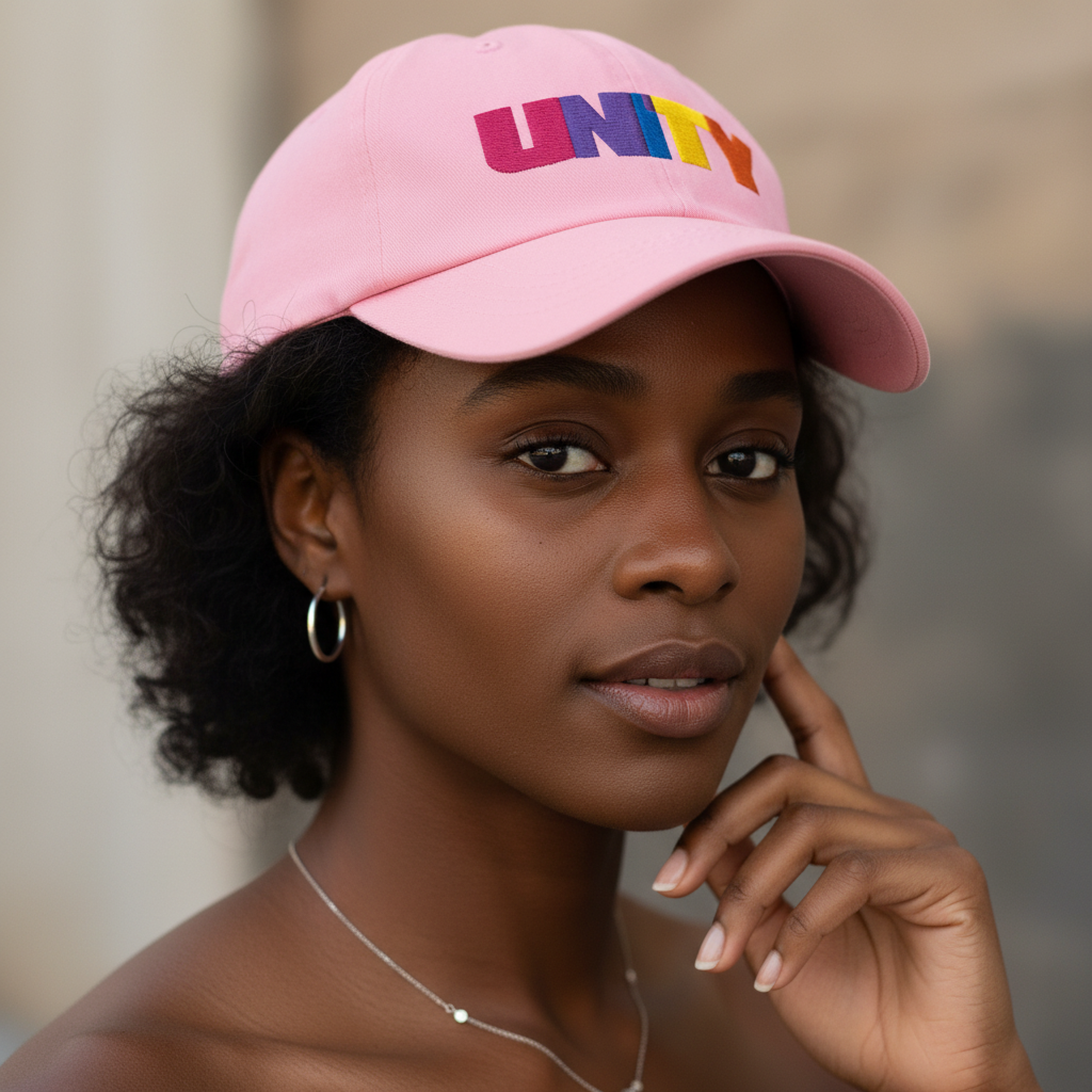 Unity Cap in pink with “UNITY” stitched in rainbow letters, worn by a femme with curls, hoops, and necklace, hand at chin.