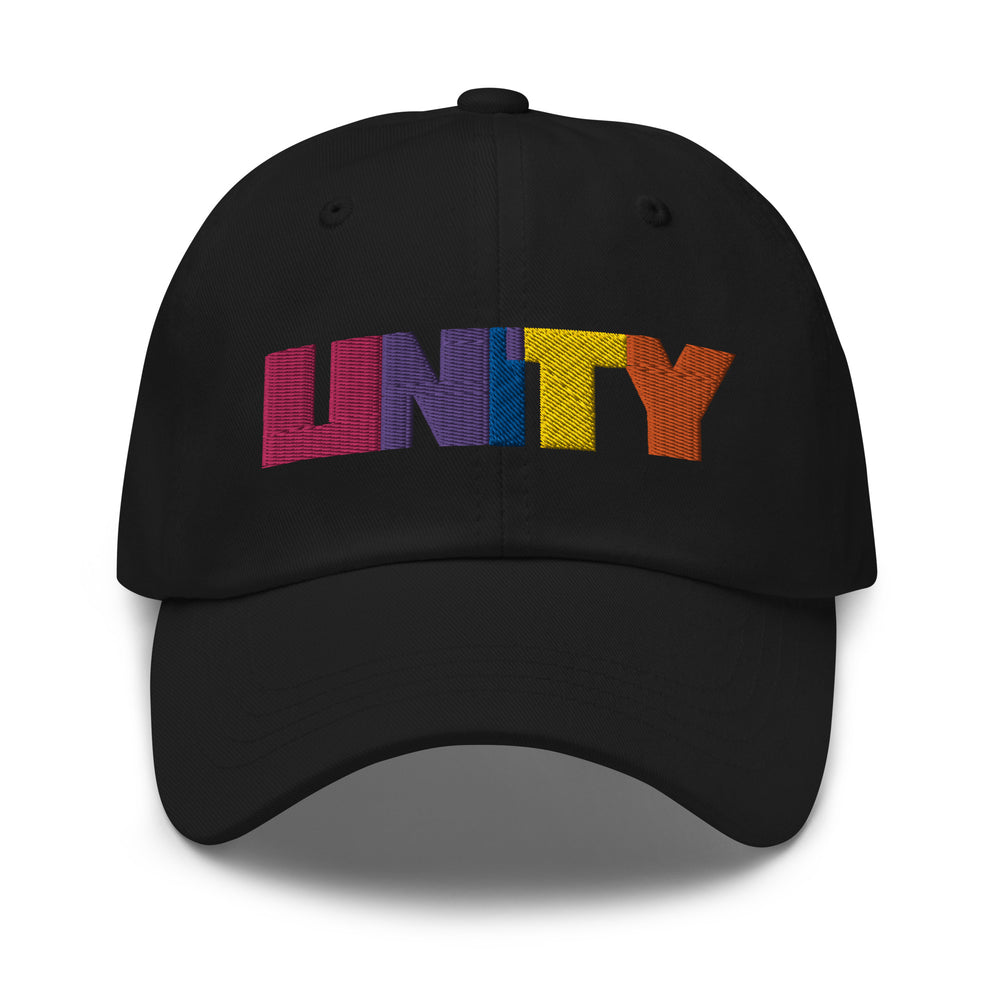 Front view of a black cap with rainbow embroidered UNITY lettering and a curved brim