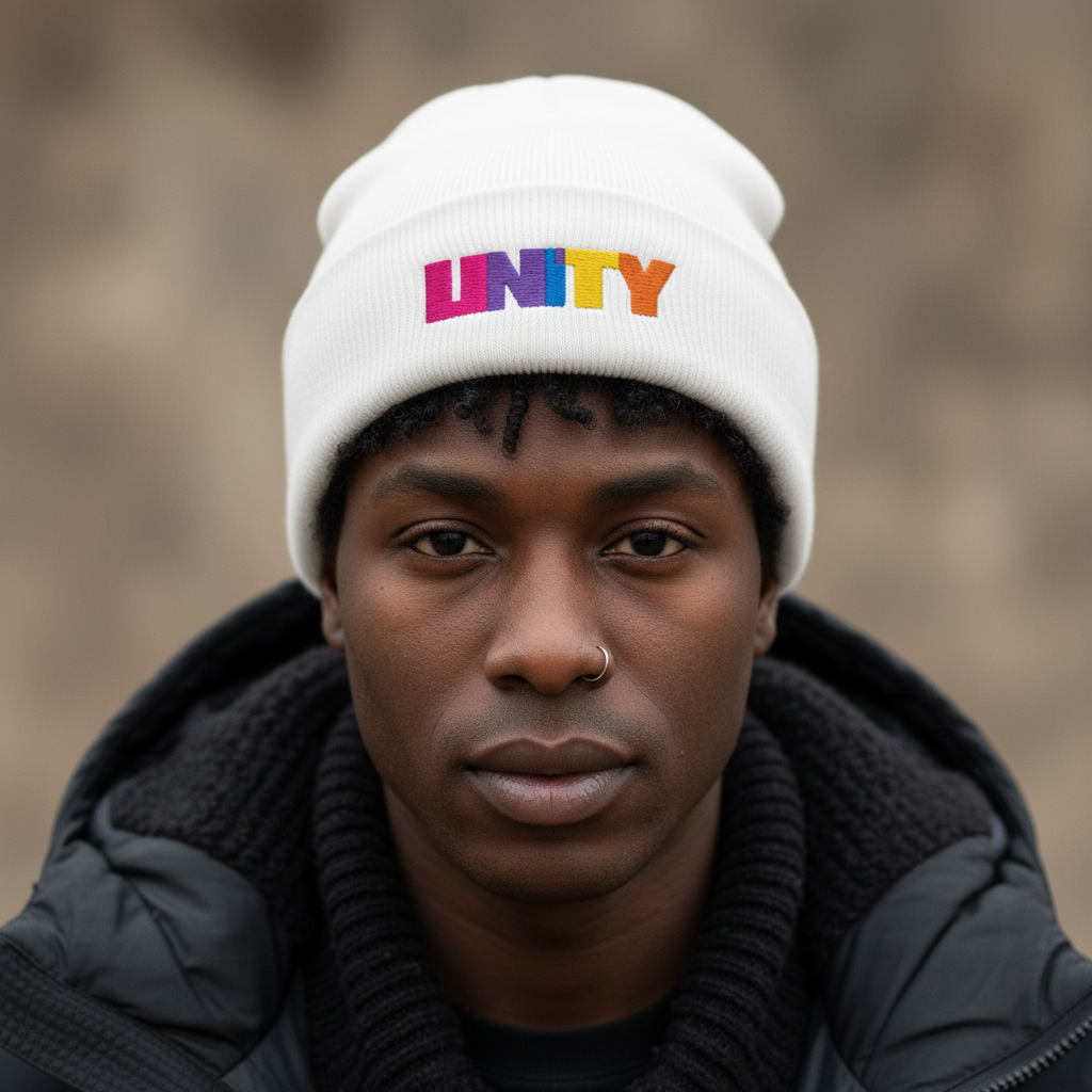 Unity Cuffed Beanie with bold, colorful "UNITY" letters, worn by a person in black layers; queer style, blurred backdrop