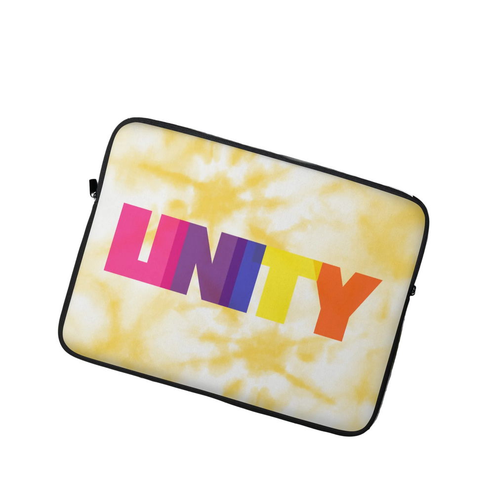 Laptop sleeve with a yellow tie-dye vibe, black zipper, and "UNITY" splashed in overlapping rainbow colors front and center.