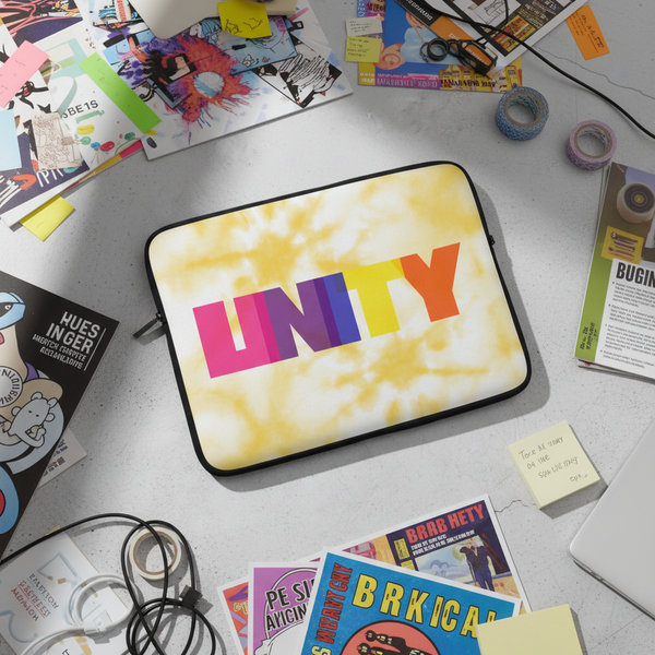 Laptop sleeve with a yellow tie-dye, water-resistant look and bold rainbow 