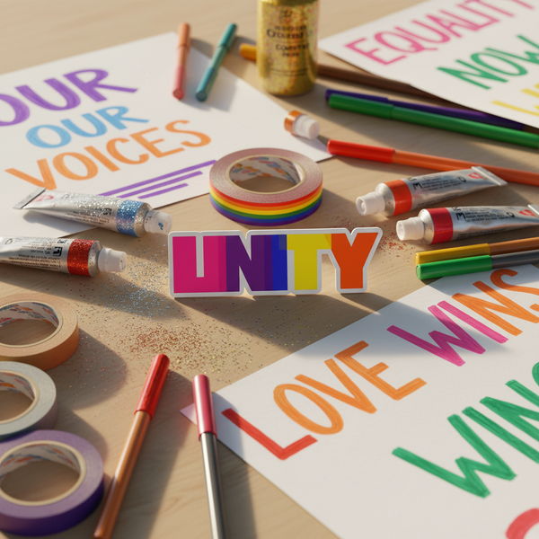 UNITY magnet with rainbow-colored letters on a craft table
