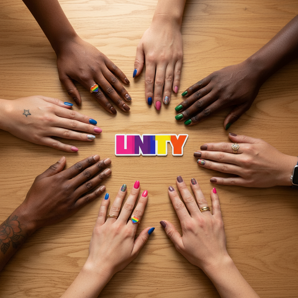 Top-down Unity magnet surrounded by eight hands on a wooden table