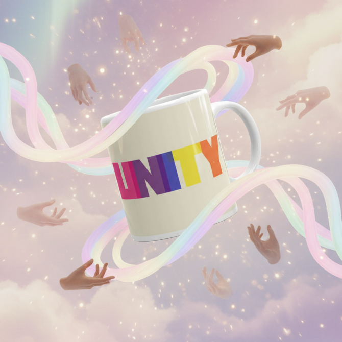 White mug reading “UNITY” in rainbow letters, floating among pastel ribbons and hands