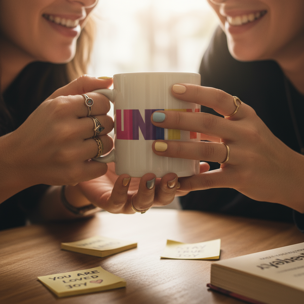 Person holding white mug with rainbow lettering, wooden tabletop with notes; mug with “Unity” design