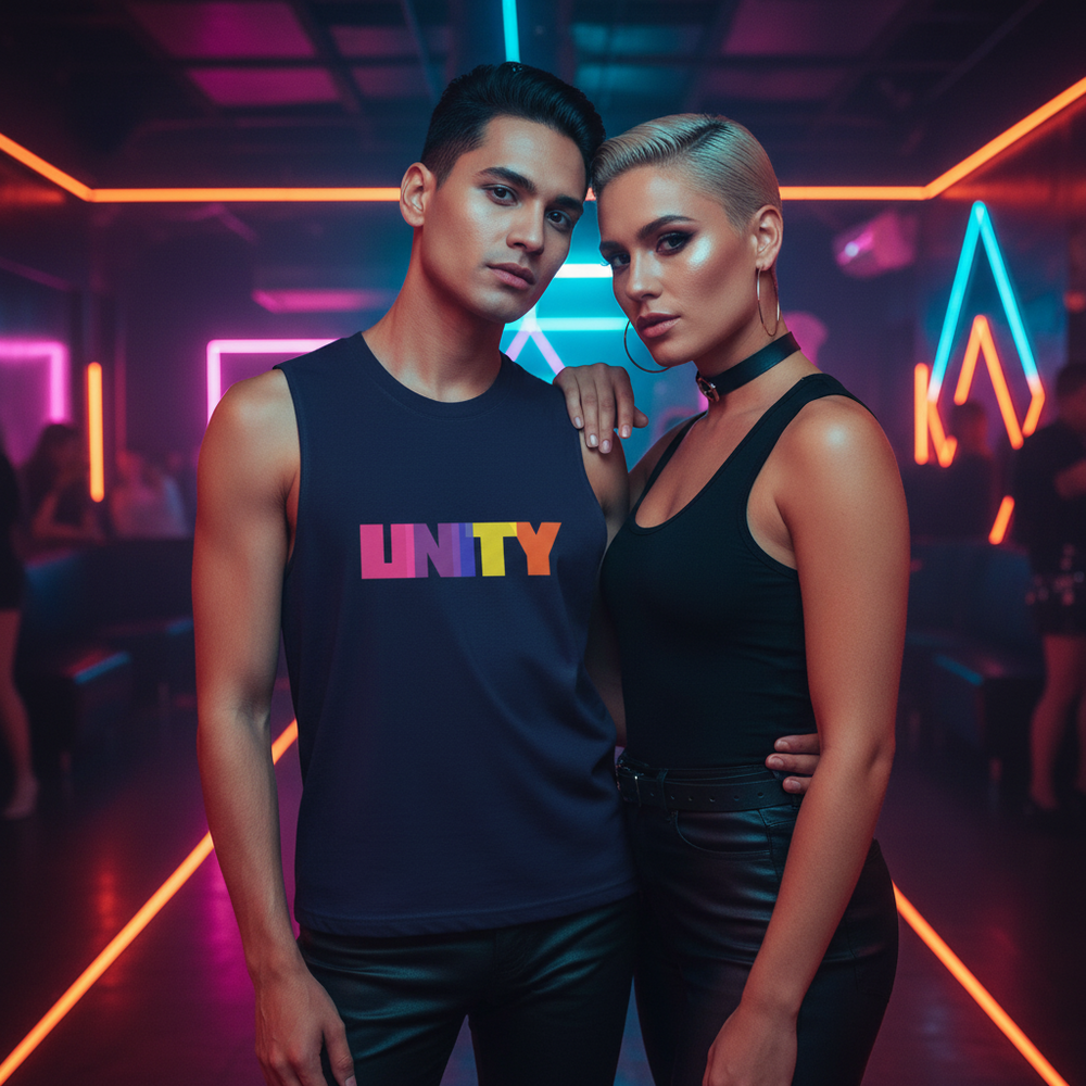 Unity Muscle Top on a guy and black sleeveless top with choker on a femme; queer couple glowing in neon club lights