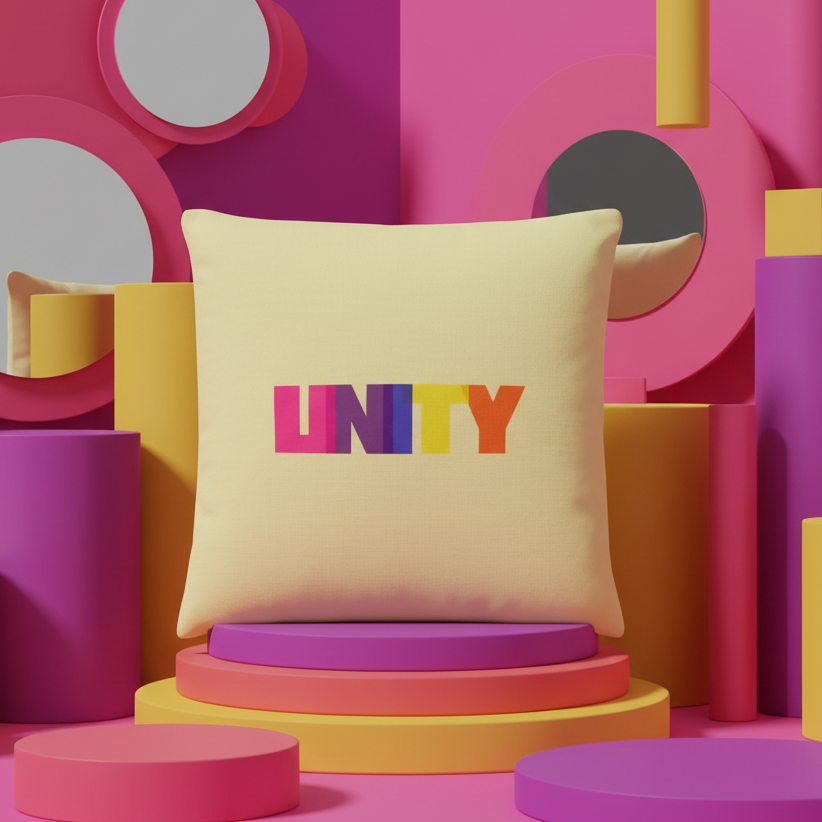 Cream-colored Unity Pillow with "UNITY" in bold multicolored letters