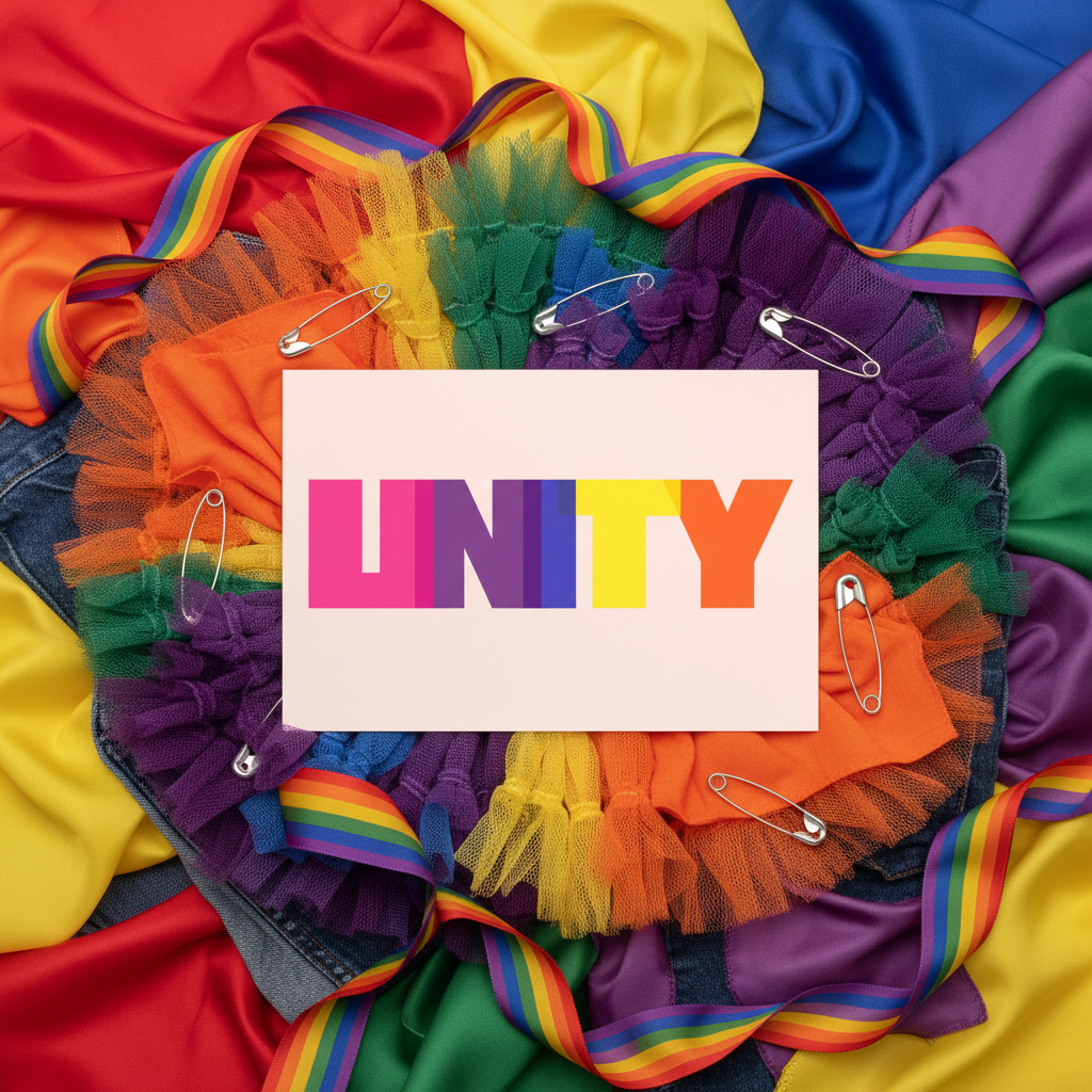 Unity Postcard with “UNITY” in bold rainbow letters, centered on layered rainbow fabrics, tulle held by safety pins