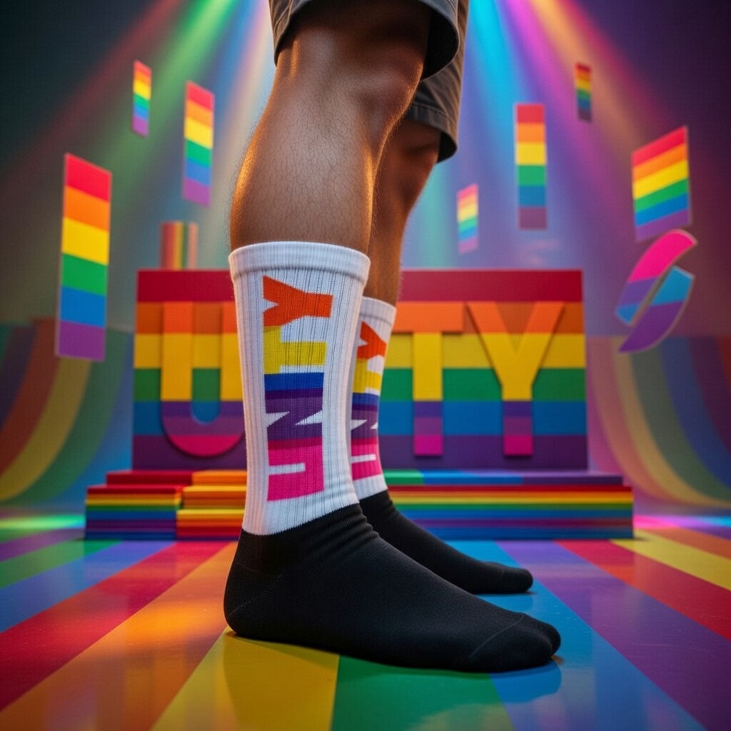 Black crew Unity Socks with "UNITY" in rainbow lettering worn by someone on a bold floor