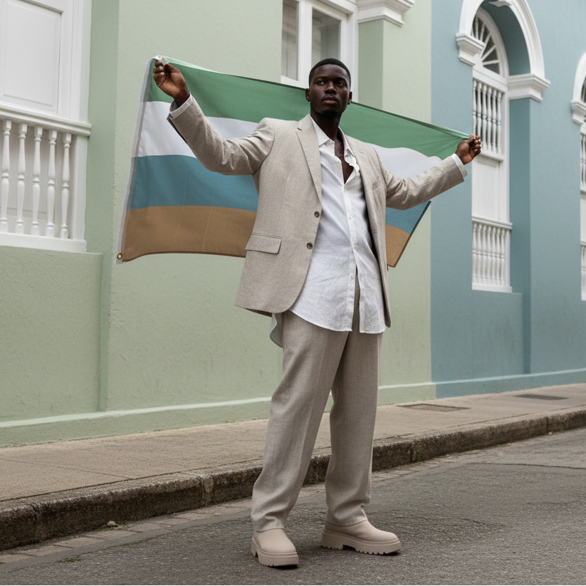 Model in a beige suit holds a green, white, blue, and tan striped flag outdoors
