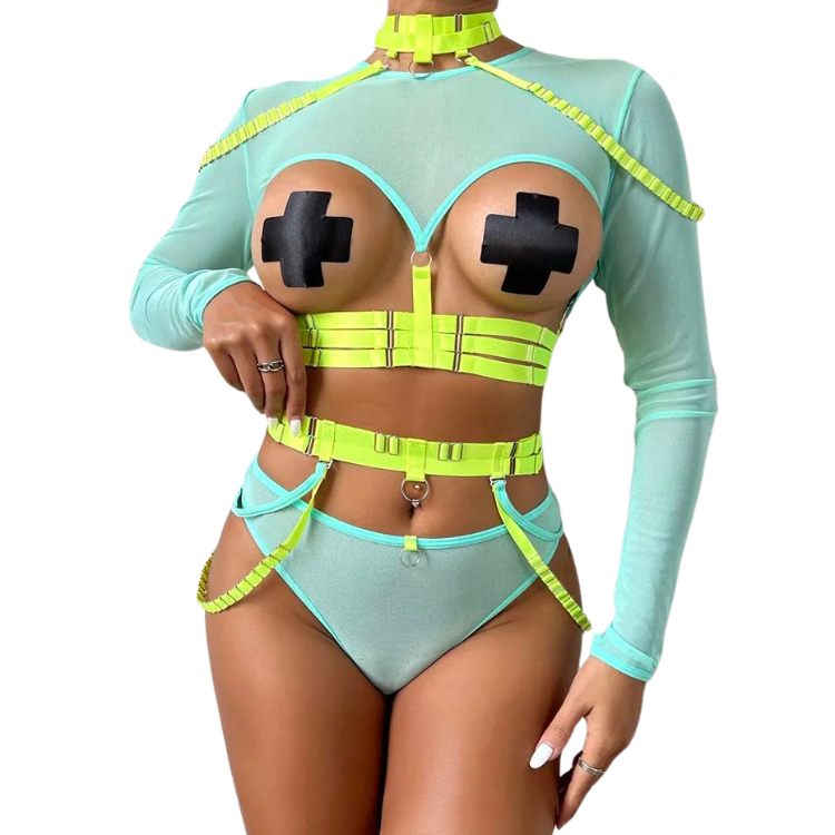 Front-facing model wearing a mint mesh bondage bodysuit with neon straps and black X pasties