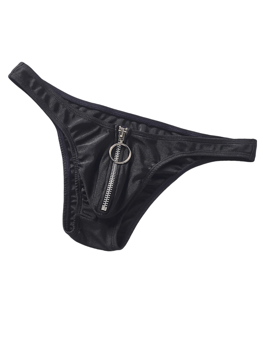 Black satin briefs shown at an angle with a front zipper and round pull ring