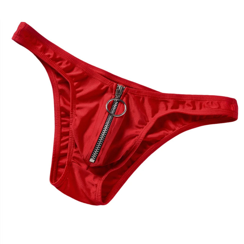 Red satin bikini brief with a central black zipper and ring pull