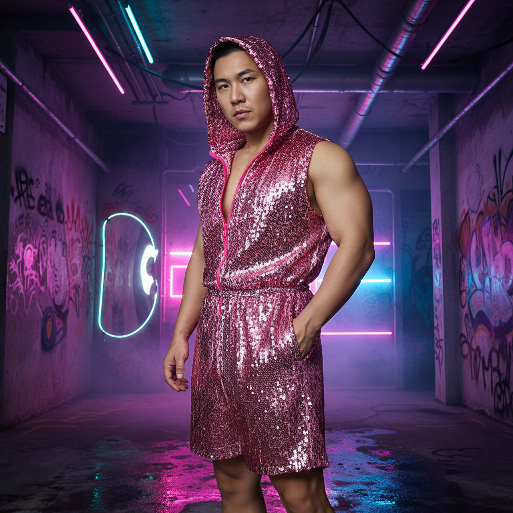Urban Glam Hip Hop Sequin Costume Set: sleeveless, hooded pink sequin romper shining under pink and blue neon