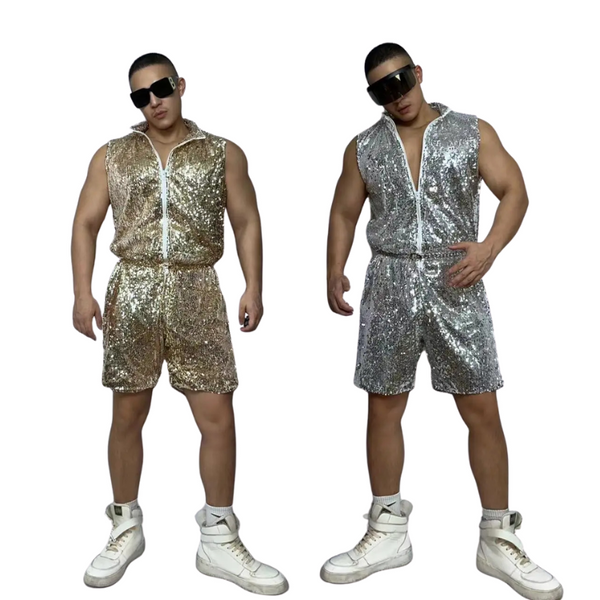 Two models wearing gold and silver sequin sleeveless zip-front romper sets