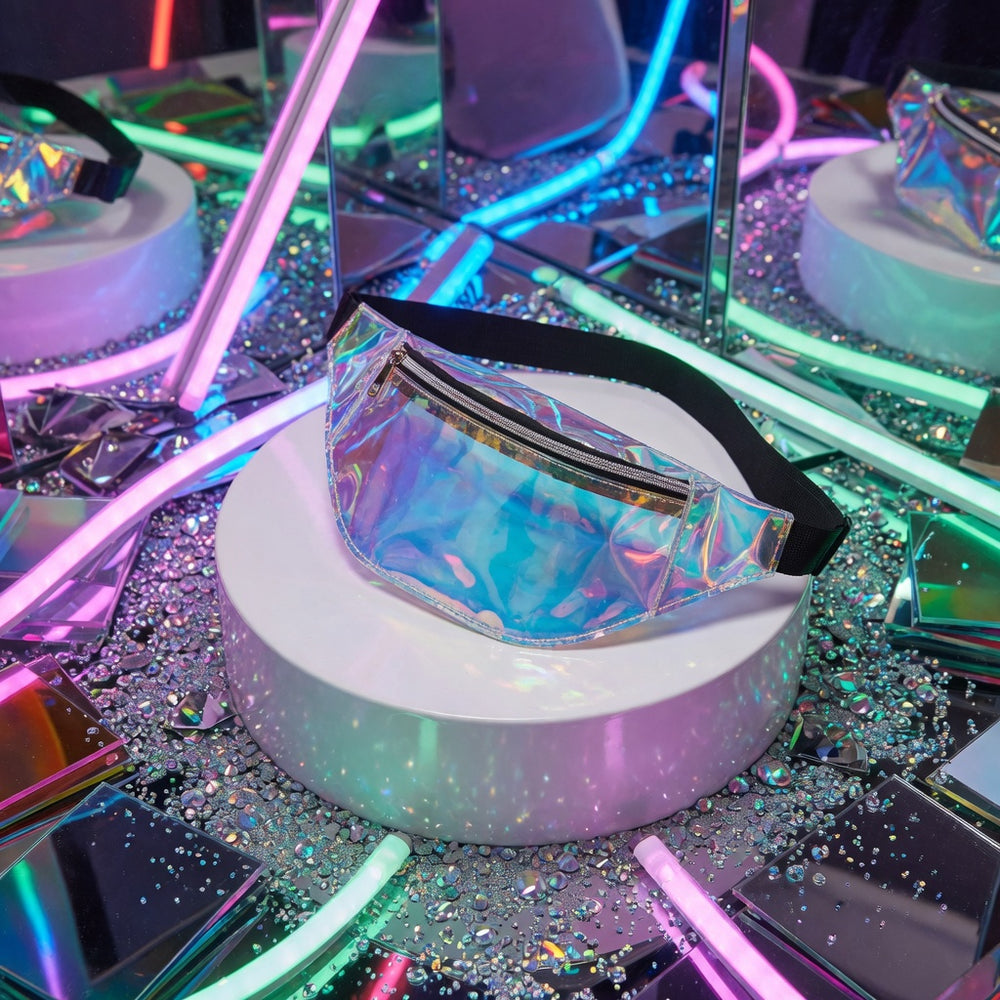 Iridescent translucent fanny pack with black zipper and adjustable strap on a neon-lit display