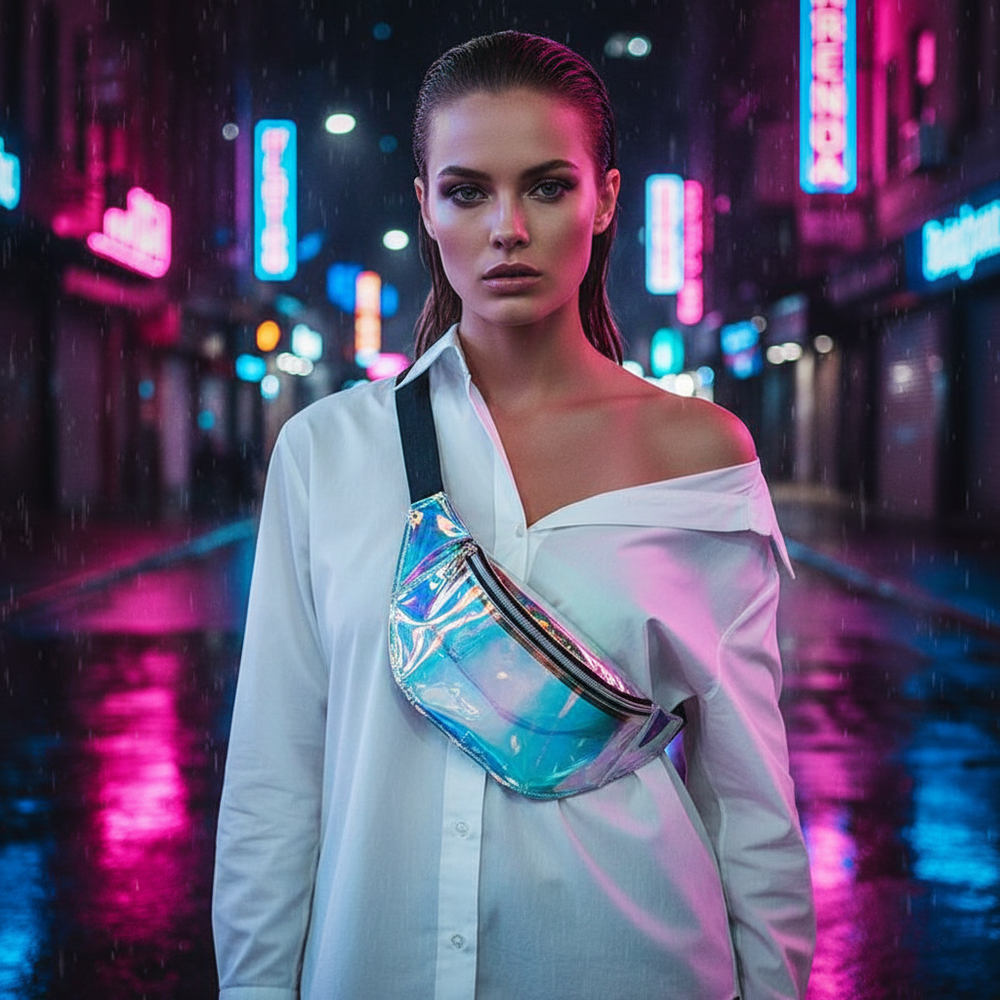 Model wearing a translucent iridescent fanny pack with a black zipper in a neon-lit rainy street