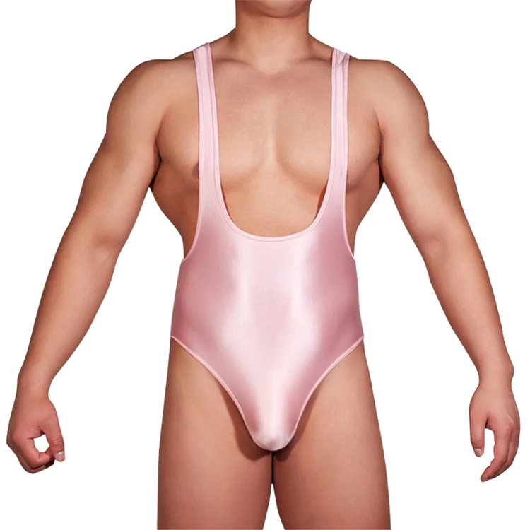 Front view of a person wearing a shiny light-pink, low-cut one-piece bodysuit