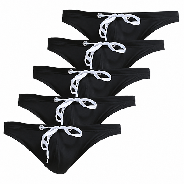 Five black swim briefs arranged diagonally, each with a white drawstring at the front
