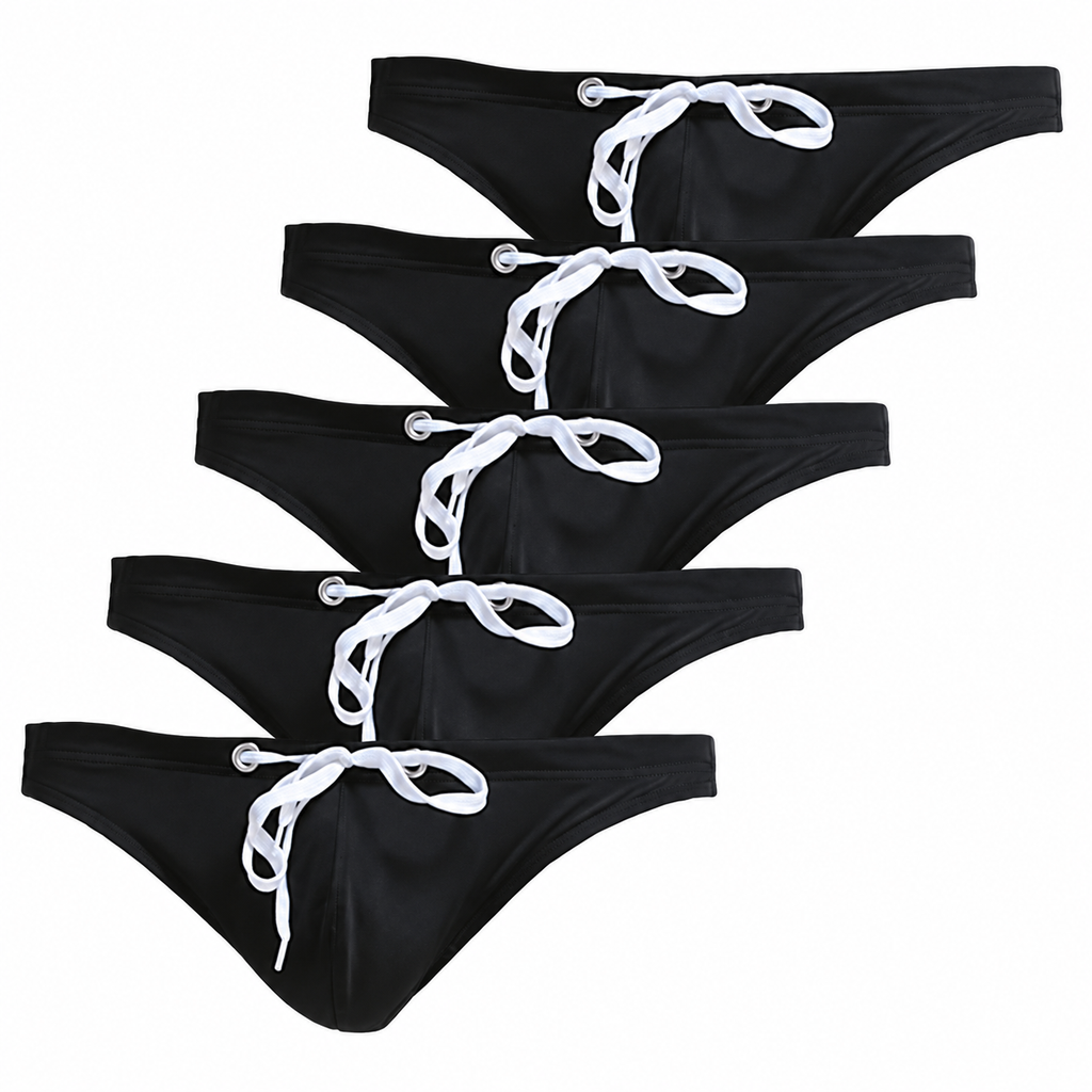 Five black swim briefs arranged diagonally, each with a white drawstring at the front