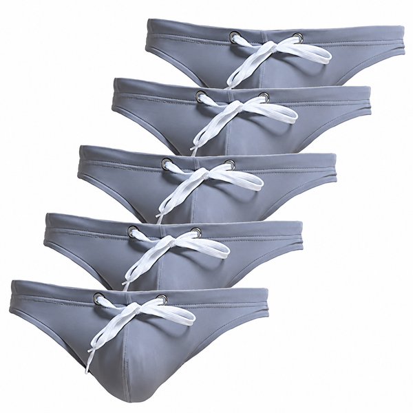 Five gray swim briefs arranged diagonally, each with a white drawstring