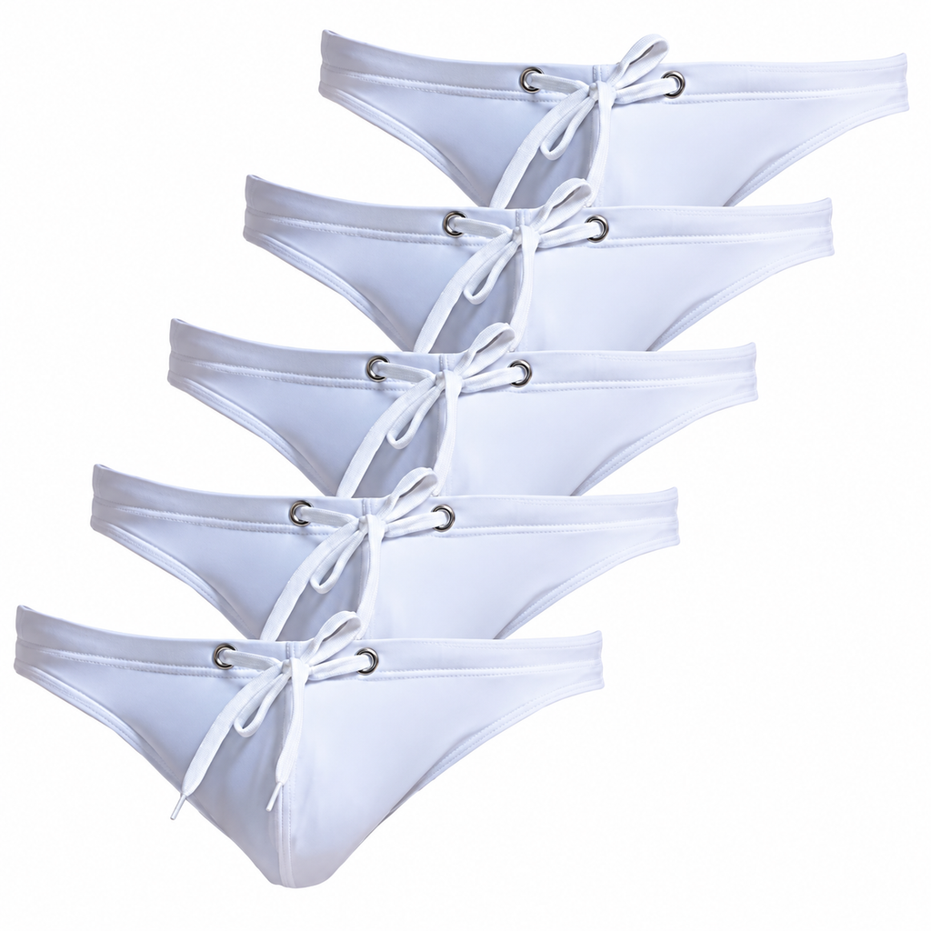 Five white swim briefs arranged in a diagonal stack, each with a front drawstring