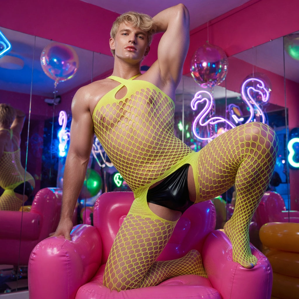 Model in a neon-yellow fishnet bodysuit over black briefs, kneeling in a neon-lit lounge