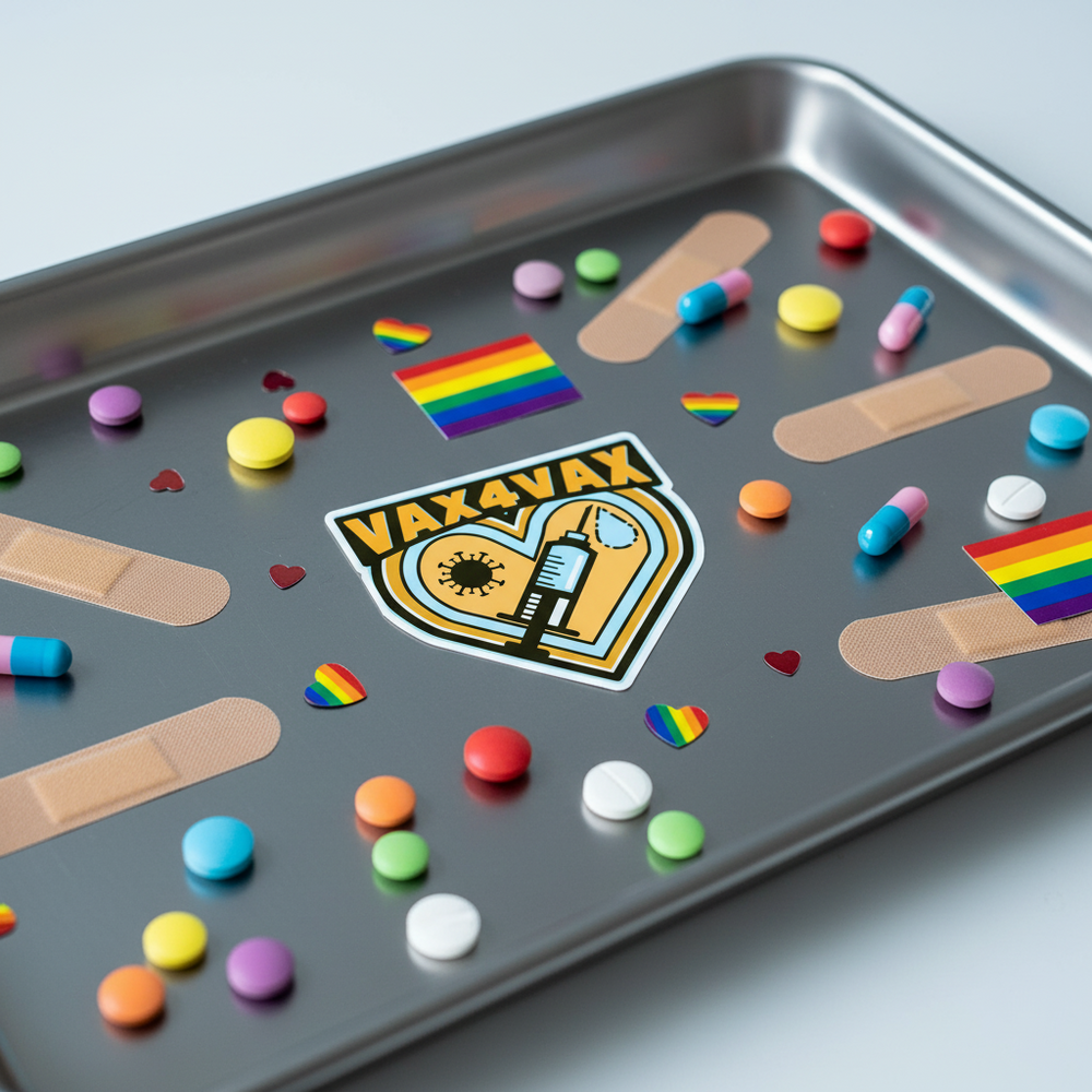 VAX 4 VAX magnet with a syringe-and-heart graphic on a tray of pills, bandages, and pride flags
