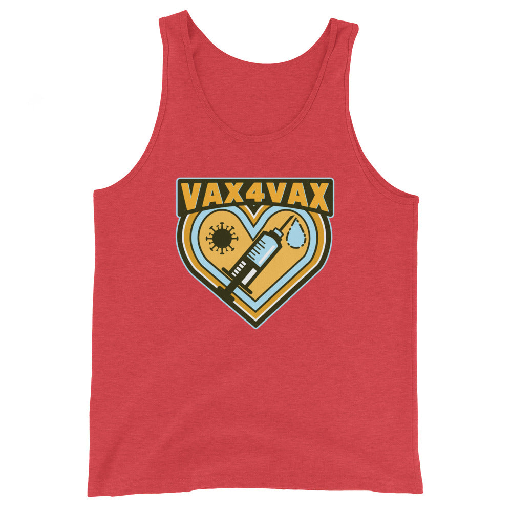Red tank top with a heart graphic, syringe, virus symbol, and “VAX4VAX” text