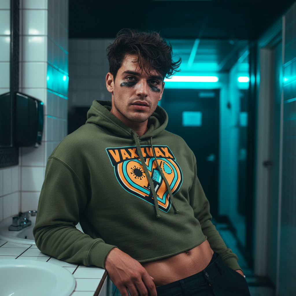 Vax 4 Vax Crop Hoodie in moody teal-lit bathroom on a young queer man, tousled hair and black under-eye paint, serving pride.