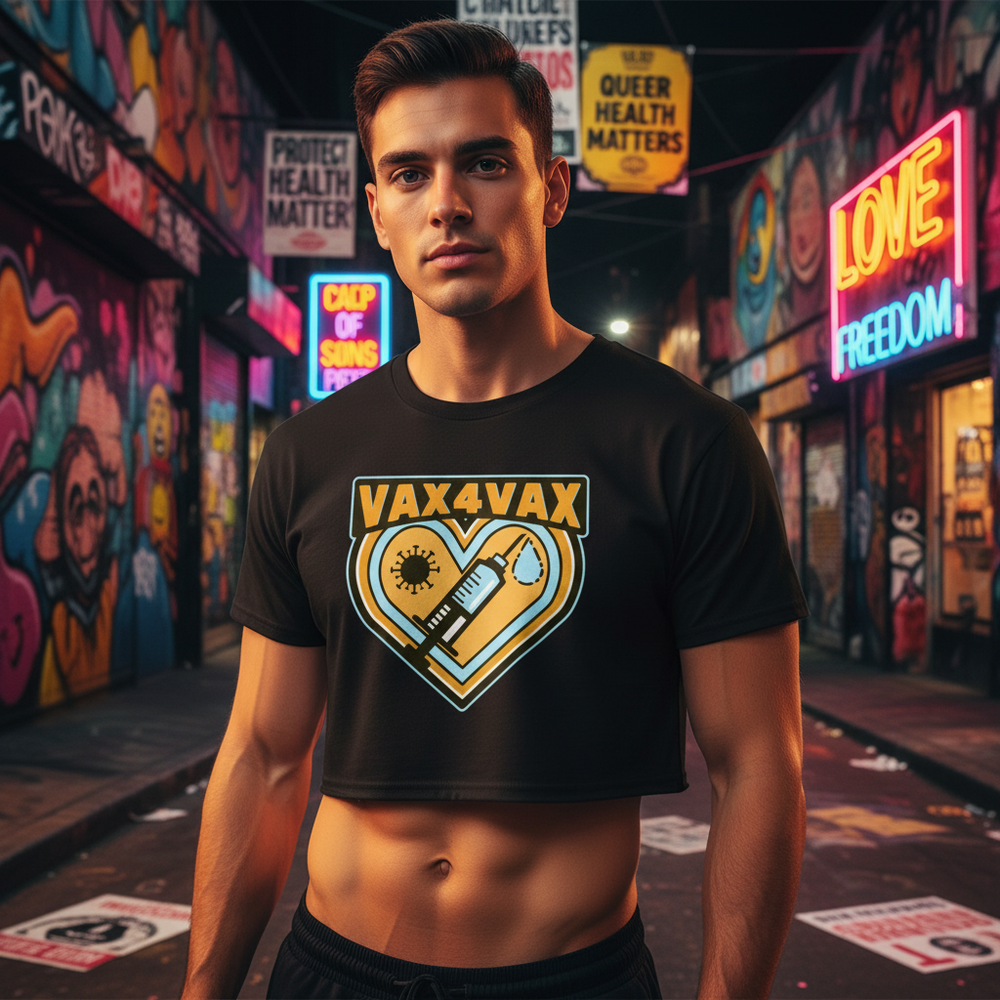 Vax 4 Vax Crop Top, relaxed fit with syringe and virus art, worn by person in neon graffiti alley; signs: LOVE, FREEDOM