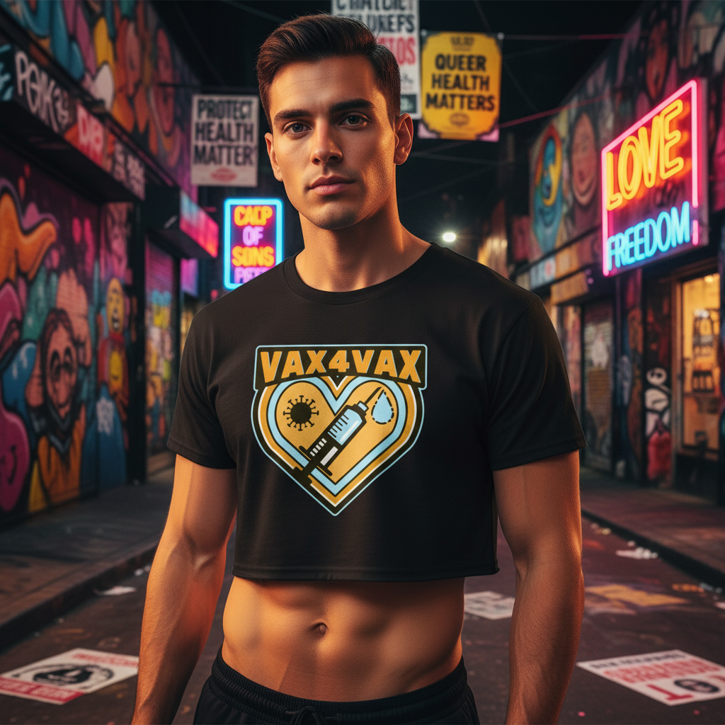 Vax 4 Vax Crop Top, relaxed fit with syringe and virus art, worn by person in neon graffiti alley; signs: LOVE, FREEDOM